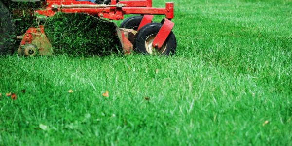 red lawn mower mowing the grass