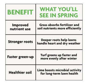 Table showing winter lime treatment benefits for spring lawns, including improved nutrient use, stronger root growth, faster green-up, and better soil health.