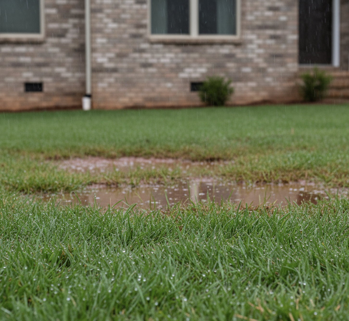 Spring rain pooling on clay soil lawn in Raleigh North Carolina